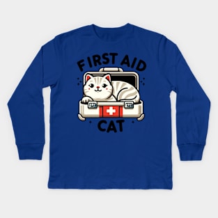 First Aid Cat Pun Nurse Doctor Healthcare Novelty Funny Cat Kids Long Sleeve T-Shirt